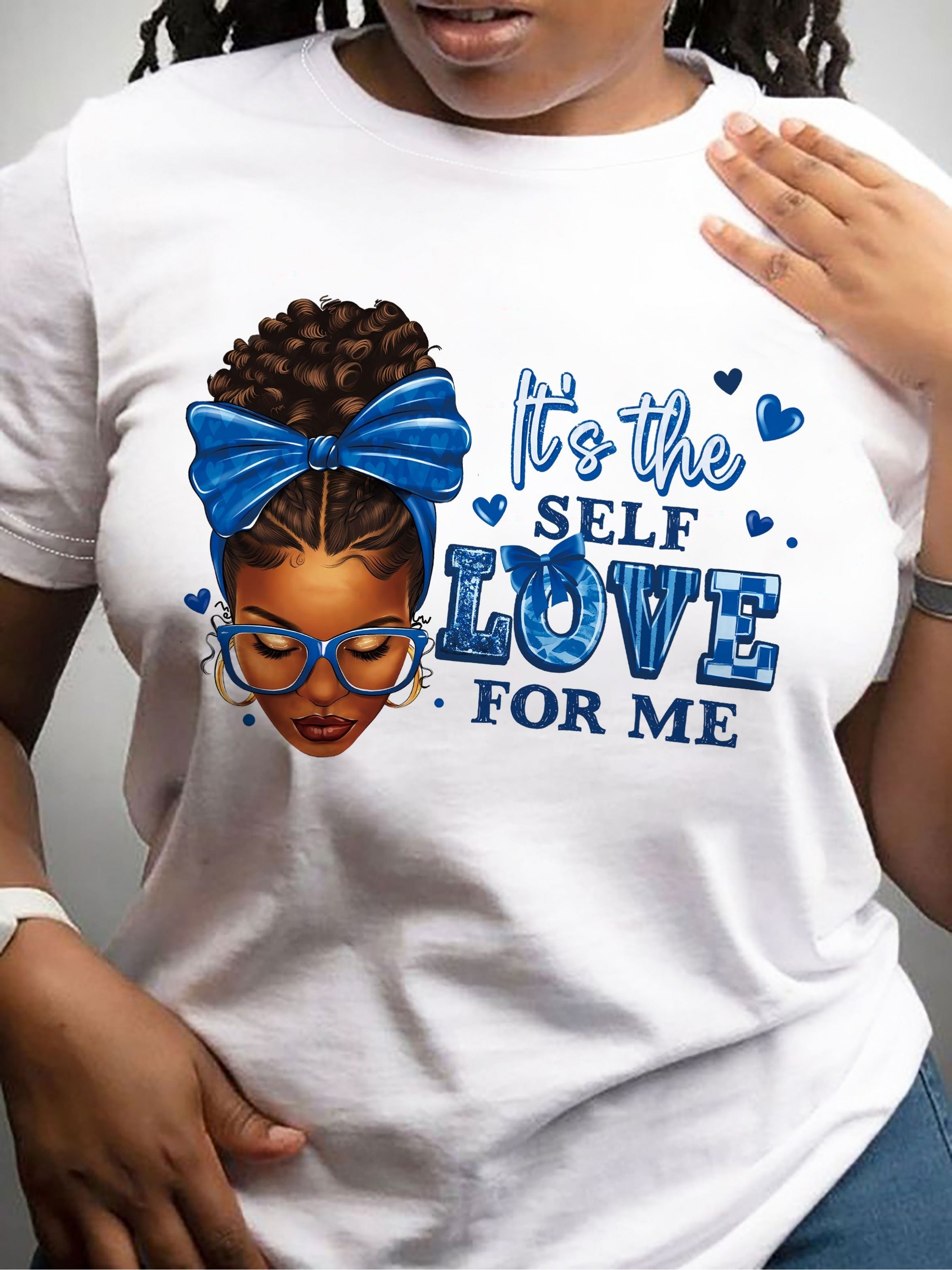Empowering Women's Black T-Shirt with "It's the Self Love for Me" & Cartoon Print - Breathable, Crew Neck, Short Sleeve, Machine Washable - Perfect for Casual Outfits, Cute T Shirts